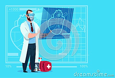 Doctor Cardiologist Examining Digital Heart Wear Virtual Reality Glasses Medical Clinics Worker Hospital Vector Illustration