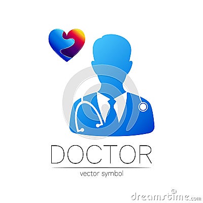 Doctor cardiologist and heart vector logotype in blue, violet color. Silhouette medical man. Logo for clinic, hospital Vector Illustration