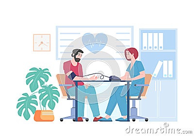 Doctor cardiologist measure blood pressure, vector cartoon character patient on physician checkup in cardiology hospital Vector Illustration