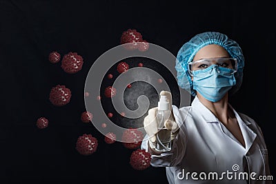 The doctor carries out disinfection with a spray in a mask Stock Photo