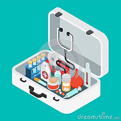 Doctor case first aid kit pill stethoscope flat isometric vector Vector Illustration