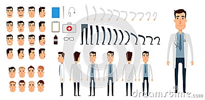 Doctor character creation set. Icons with different types of faces, emotions, clothes. Front, side, back view of male Vector Illustration