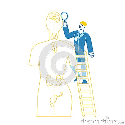 Doctor Character Endocrinologist in Medical Robe Stand on Ladder Examine Patient with Hormone Disbalance Disease Vector Illustration