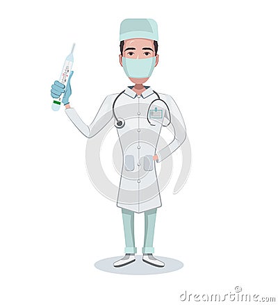 Doctor character holding a thermometer in hand. Medic in a medical mask. Vector flat cartoon design Vector Illustration
