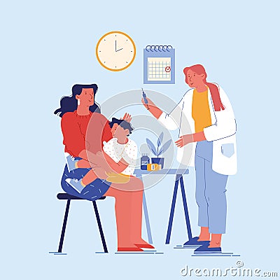 Doctor Character Put Hypodermic Injection to Baby Sitting on Mother Arms. Illness Treatment, Health Care Vector Illustration