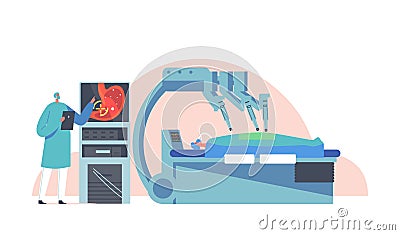 Doctor Characters Distantly Control Cyborg Arm for Patient Operation with Medical Robot. Surgical Intervention in Body Vector Illustration