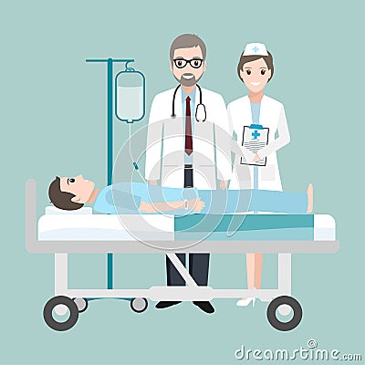 Doctor check Patient in bed hospital with a drop counter icon. Medicine concept Vector Illustration