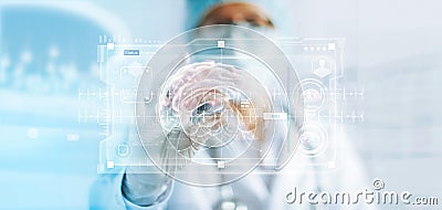 Doctor checking brain testing result, analysis with modern virtual interface in laboratory Stock Photo