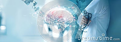 Doctor checking brain testing result with computer interface, Abstract. Innovative technology in science and medicine concept Stock Photo