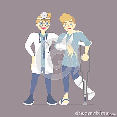 Doctor checking, caring for patient with cast on broken leg and arm bone holding crutch, walking aid, health care concept Vector Illustration