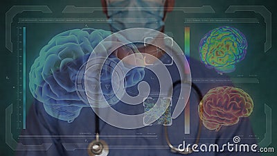 Doctor checking heart and brain testing result, analysis with modern virtual interface in laboratory. Innovative technology in sci Stock Photo