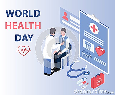 Doctor Checking his Patient on World Health Day Isometric Artwork Concept Vector Illustration