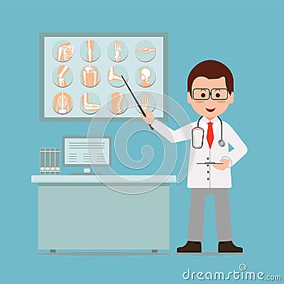 Doctor checking and pointing at broken bones of x-ray film. Vector Illustration