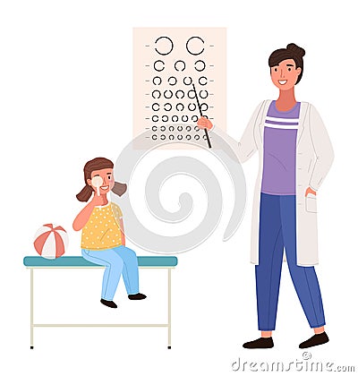 The doctor checks the child s eyesight. Optometrist points to the table for testing visual acuity Vector Illustration
