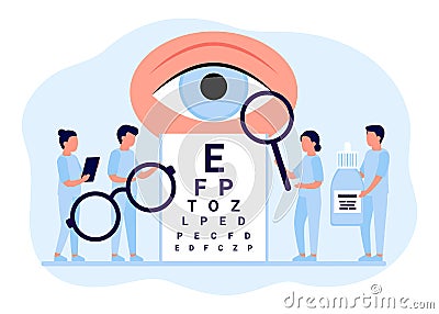 Doctor is checkup eye vision. Examination eyes people, focus correction treatment. Ophthalmology. Optometrist, ophthalmologist, Vector Illustration