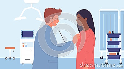 Doctor checkup in medical clinic, physician with stethoscope listening to beats of heart Vector Illustration