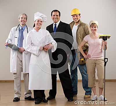 Doctor, chef, construction worker and housewife Stock Photo