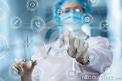 Doctor clicks on the ambulance icon Stock Photo