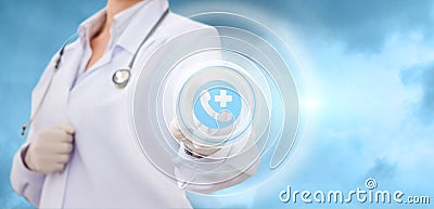 Doctor clicks on the call button ambulance . Stock Photo