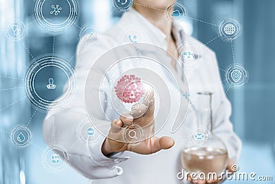 Doctor clicks on the virus icon Stock Photo