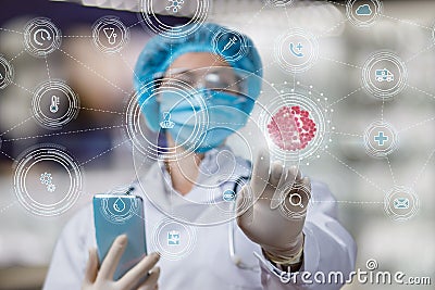 Doctor clicks on the viruses icon Stock Photo