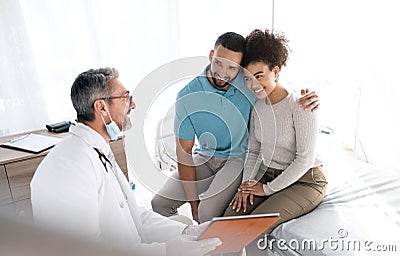 Doctor clipboard, couple and smile for results, gynecology news or medical clinic info, success or wellness Stock Photo