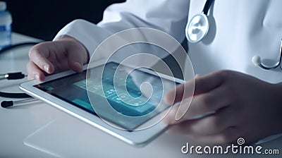 Doctor Close up Hand with Stethoscope using tablet for remote monitoring to check status of patient, Smart health Stock Photo