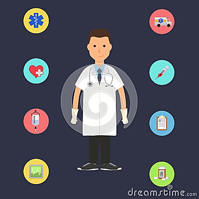 Doctor with colorful medical icons Cartoon Illustration