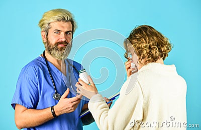 Doctor communicate woman. Medical treatment. Offering effective cures. Virus infection symptoms. Prescribe tests and Stock Photo