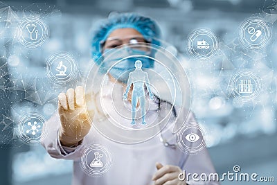 Doctor conducts research testing the patient on a virtual screen Stock Photo