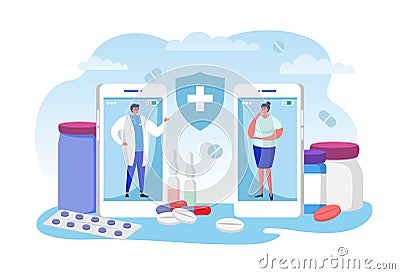 Doctor consultation online vector illustration, cartoon woman patient character call physician for consulting, using Vector Illustration