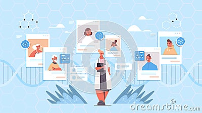 doctor consulting patients in web browser windows DNA testing genetic engineering diagnosis concept Vector Illustration