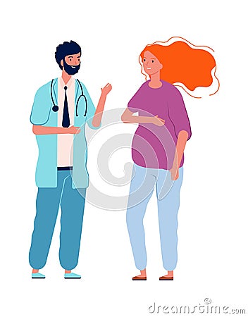 Doctor consulting young woman. Pregnant female talk with man nurse. Isolated flat hospital staff and patient vector Vector Illustration