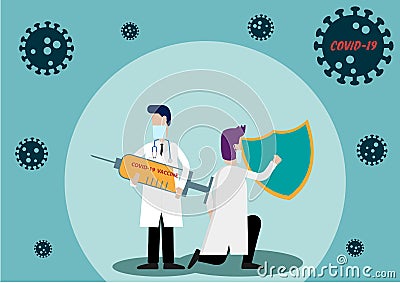 Doctor with Corona Virus Vaccine in a Syringe and a Shield to Protect Covid-19 Vector Illustration