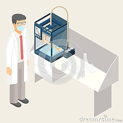 Doctor creating artificial human bone on 3D printer in laboratory Vector Illustration