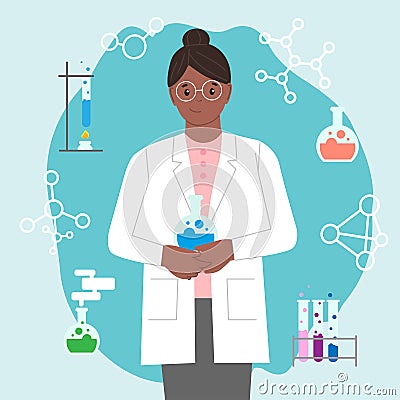 Dark-skinned female chemist with a test tube. International Day of Women and Girls in Science. Flat style. Set icon. Vector Illustration