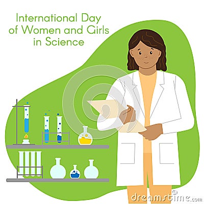 Dark-skinned girl chemist with a folder. International Day of Women and Girls in Science. Woman scientist. Flat style. Vector Illustration