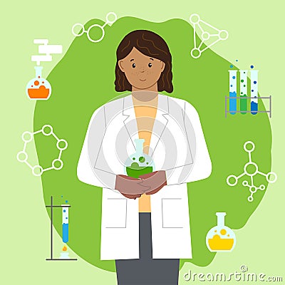 Dark-skinned girl chemist with a pointer. International Day of Women and Girls in Science. Flat style. Set icon for the chemist. Vector Illustration