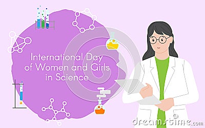 Woman chemist with a folder. International Day of Women and Girls in Science. Woman scientist. Flat style. Set of icons. Vector Illustration