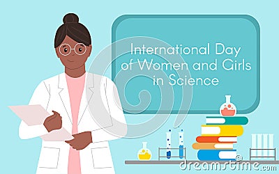 Dark-skinned female chemist with a folder. International Day of Women and Girls in Science. Illustration. Flat style. Vector Illustration