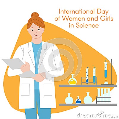 Woman chemist with a folder. International Day of Women and Girls in Science. Illustration. Flat style. Isolated Vector Illustration