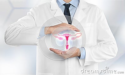 Doctor demonstrating virtual icon with illustration of female reproductive system on light background, closeup. Gynecological care Cartoon Illustration