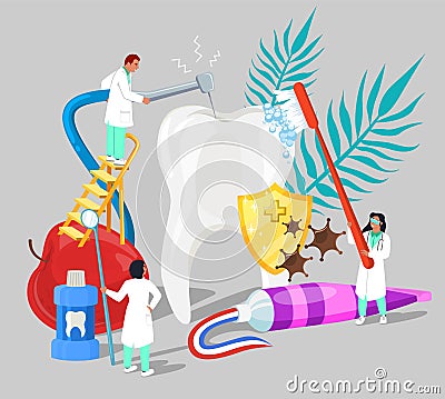 Doctor dentist characters brushing, drilling tooth, flat vector illustration. Dental treatment, oral care and hygiene. Vector Illustration