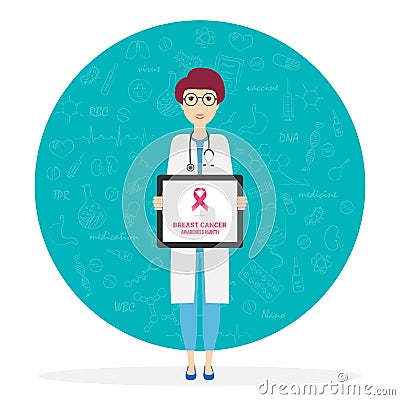 Doctor Describes About Cause To Breast Cancer, Mammary. Vector Illustration