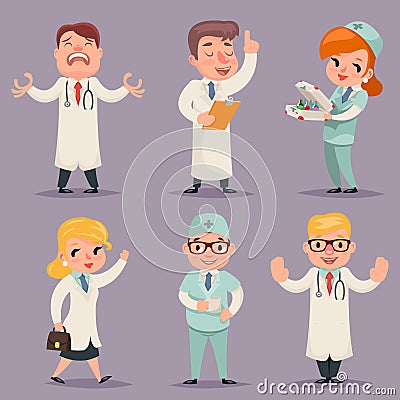 Doctor Different Positions and Actions Character Icons Set Medic Retro Cartoon Design Vector Illustration Vector Illustration