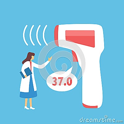 Doctor and digital medical thermometer for forehead temperature scan fever measurement and for Covid-19 coronavirus testing. Vector Illustration