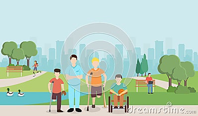 Doctor with disabled children in park. Vector image. Vector Illustration