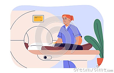 Doctor doing tomography to patient. MRI scanning, medical examination, checkup of health, computer diagnostic in Vector Illustration