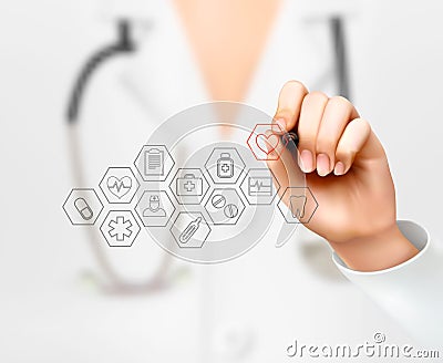 Doctor drawing medical icons. Concept of health. Vector Illustration