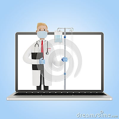 Doctor with dropper on the laptop screen. Toxicology, intoxication, decontamination. Internet doctor. Cartoon Illustration